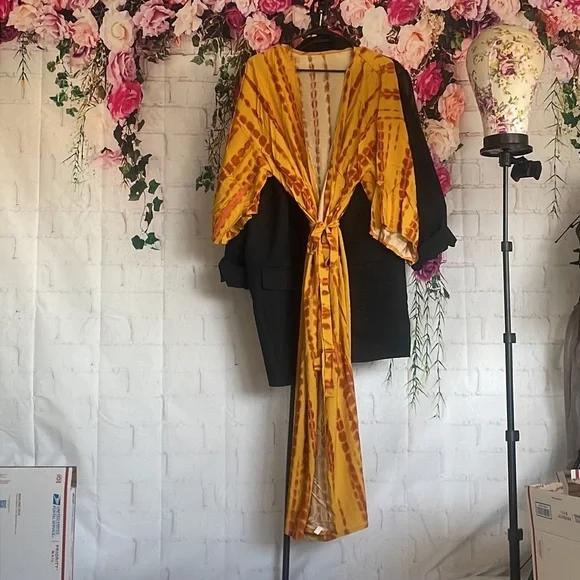 - New MUSTARD & CRAN Boho Tie Dye Kimono Maxi Beach open front long COVERUP *NEW